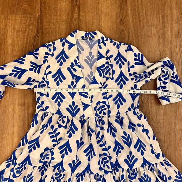 Zara Blue White Bold Print Tiered Swing Dress Sz M - Picture 7 of 11